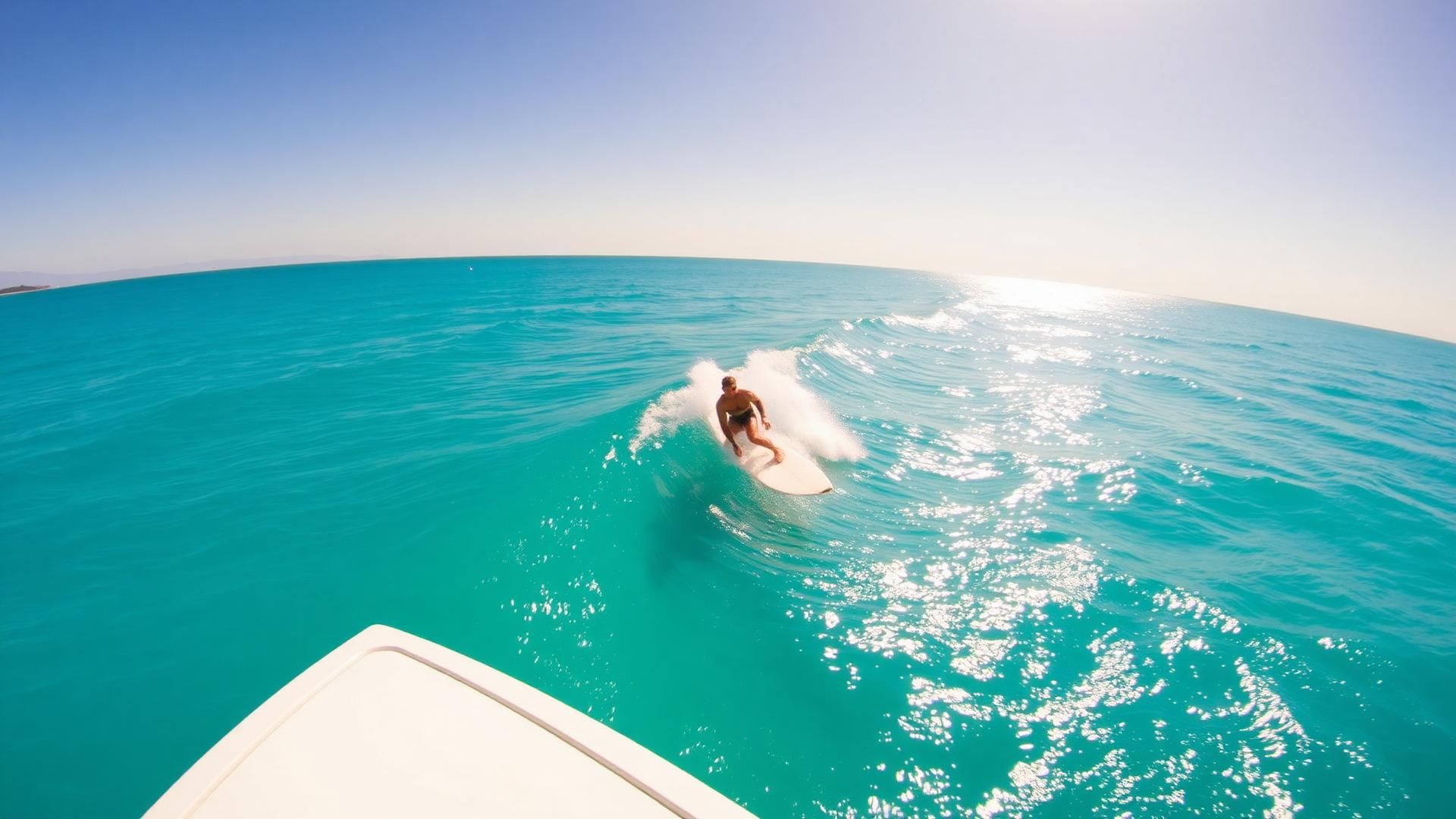 Surfer riding a clean blue reef wave seen from the boat